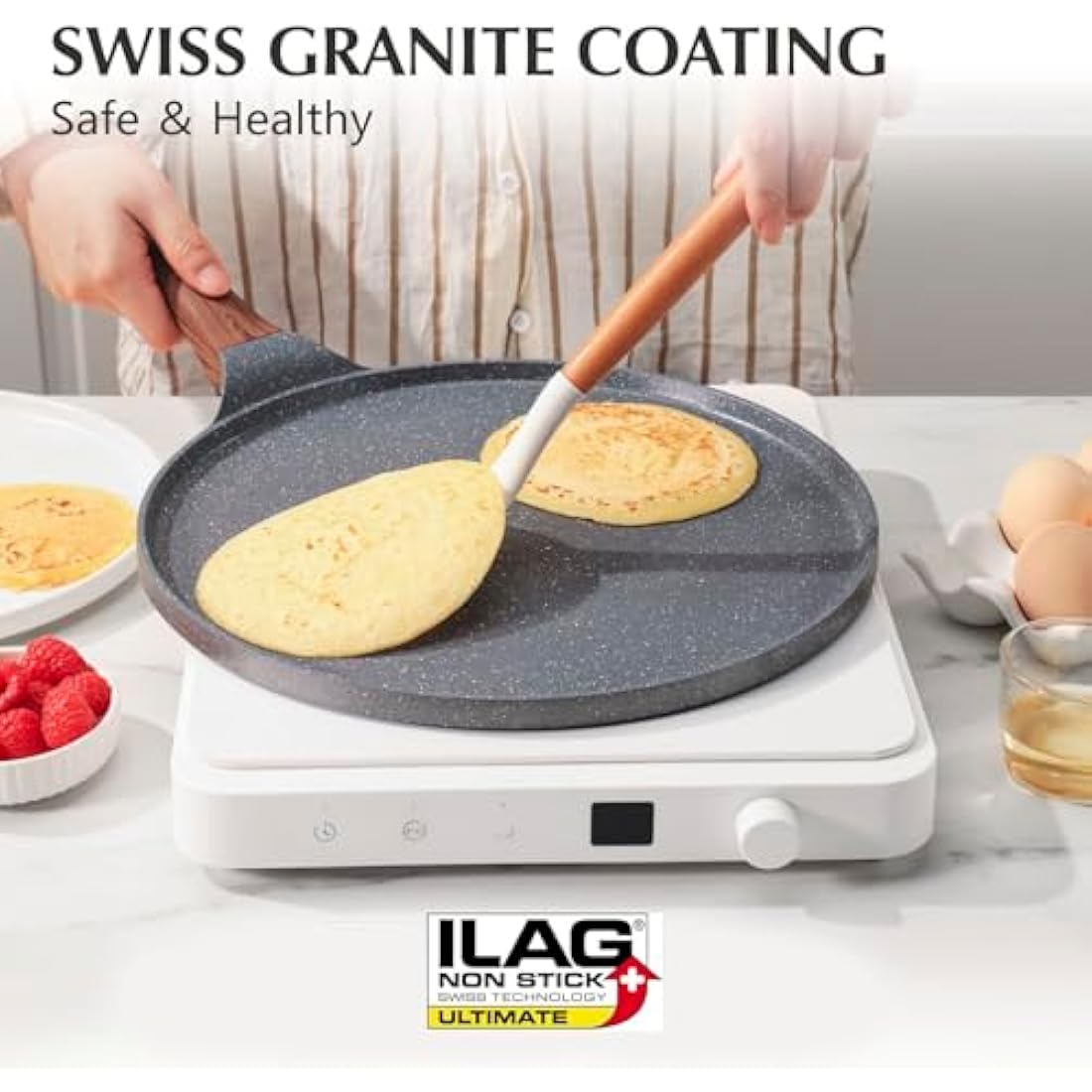 SENSARTE Non Stick Crepe Pan, Dosa Pan Die-cast Auluminium Pancake Flat Skillet Tawa Griddle 26cm with Stay-Cool Handle, Induction Compatible, PFOA Free