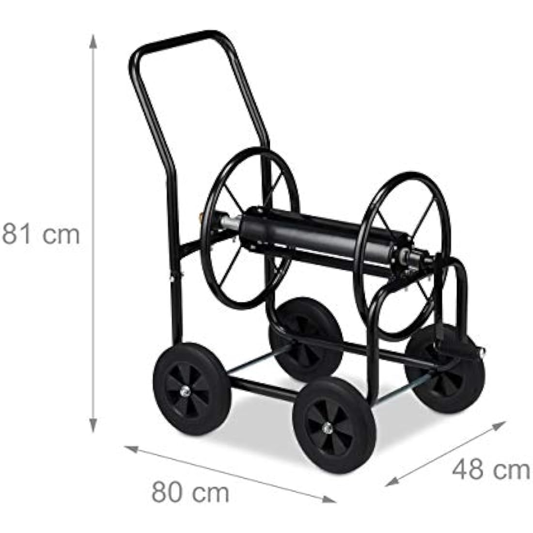 Relaxdays Hose Cart Metal, 4 Rubber Wheels, XL Garden Hosepipe Trolley, Crank, Holds 60 m, HWD 81 x 48 x 80 cm, Black, Steel