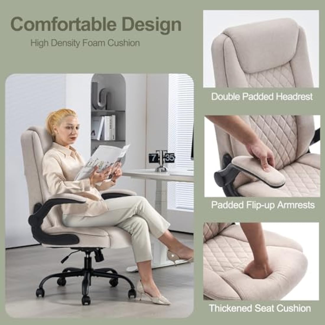 CASTLOVE Ergonomic Office Chair Computer Chair Executive Office Chair with Flip Up Armrest High Back Rocking Function Height Adjustable Comfortable Desk Chair for Home Office Fabric Cream