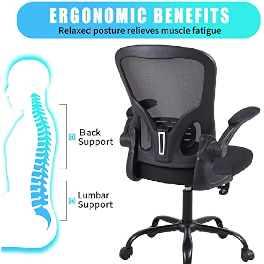 Youhauchair Office Chair, Breathable Mesh Swivel Desk Chair, Lumbar Back Support Ergonomic Office Chair, Computer Chair Office Chairs with Flip-up Armrests, Black