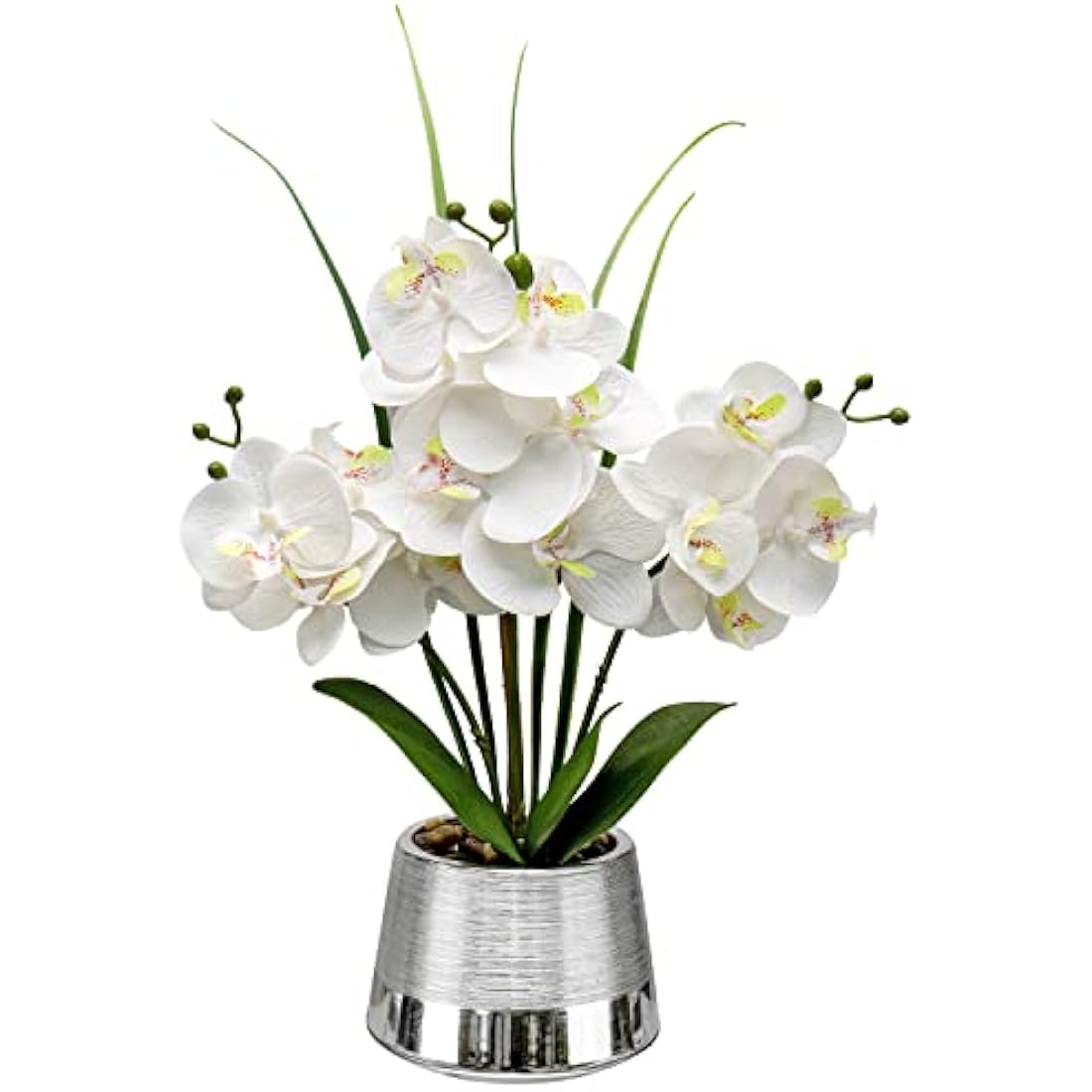 Oairse 40cm Artificial Orchid Flowers White Artificial Flower in Silver Ceramic Pots Real Touch Silk Phalaenopsis with 14 Flowers Fake Orchids Plant for Home Kitchen Bathroom Table Centerpiece Decor