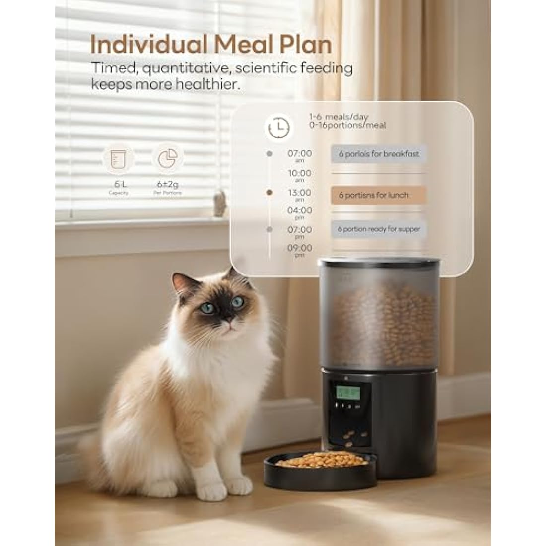 Automatic Cat Feeder Cat Food Automatic with Feeding Program Timer - 6L Feeding Bowl with Automatic Feeder - Dry Food Dispenser Automatic for Cats and Dogs Black - 10s Call for Eating