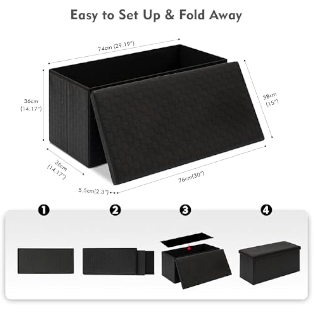 Bonlife Black Ottoman Storage Bench, Foldable Seat Faux Leather Foot Stool Storage Box with Lids for Kids Toys,Living Room, Hallway, Bedroom, 76 * 38 * 38cm