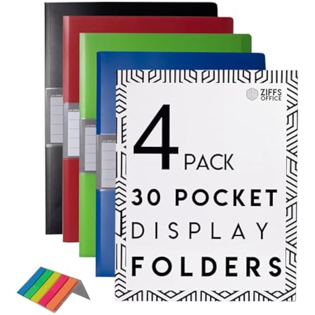 Ziffs Office® 4 x 30 Pocket A4 Display Folders - A4 Display Folders with Plastic Pockets - Display Book - Presentation Folders - 250 Sticky Labels Included - Project Folder - British Brand