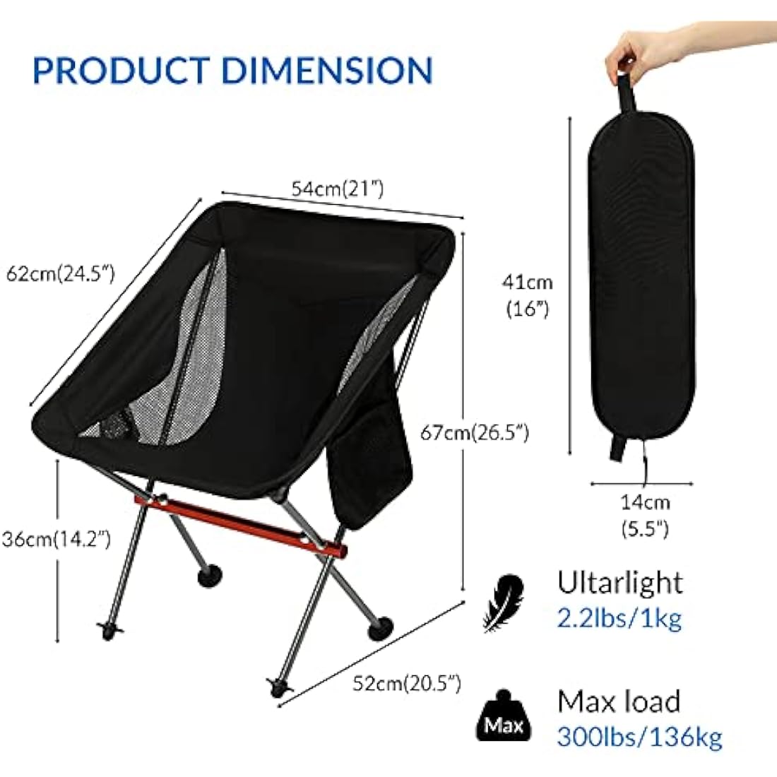 SHALLWE Ultralight Portable Camping Chair,Aviation Aluminum Frame Compact Folding Chairs,300lbs Capacity with Wide Feet and Storage Bag,Suitable for Camping,BBQ,Hiking,Beach,Lawn(Gray)