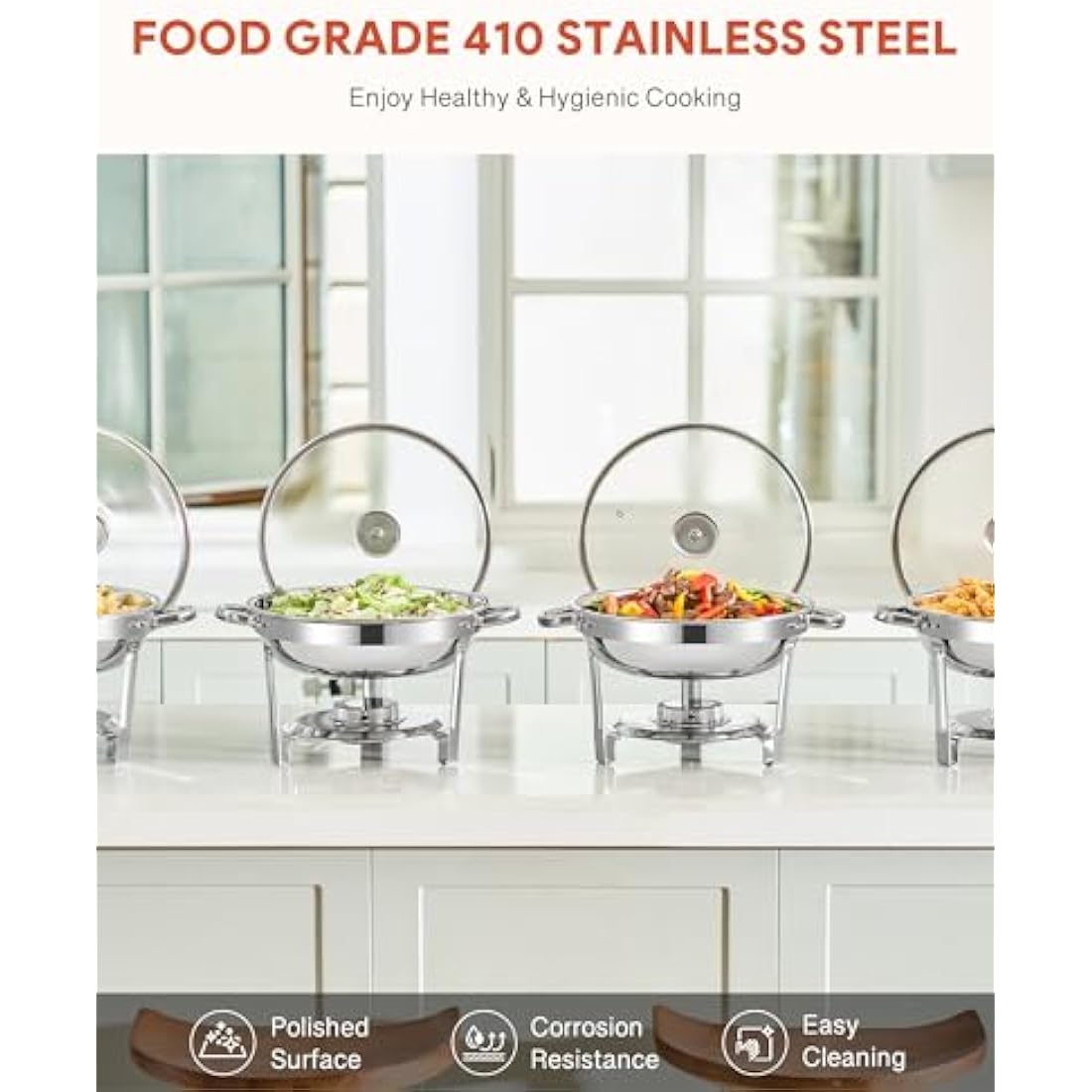 WILPREP Chafing Dish Buffet Set, 4 Pack 4.5L Round Chafers for Catering with Glass Lid & Lid Holder Water Food Pan, Stainless Steel Food Warmers