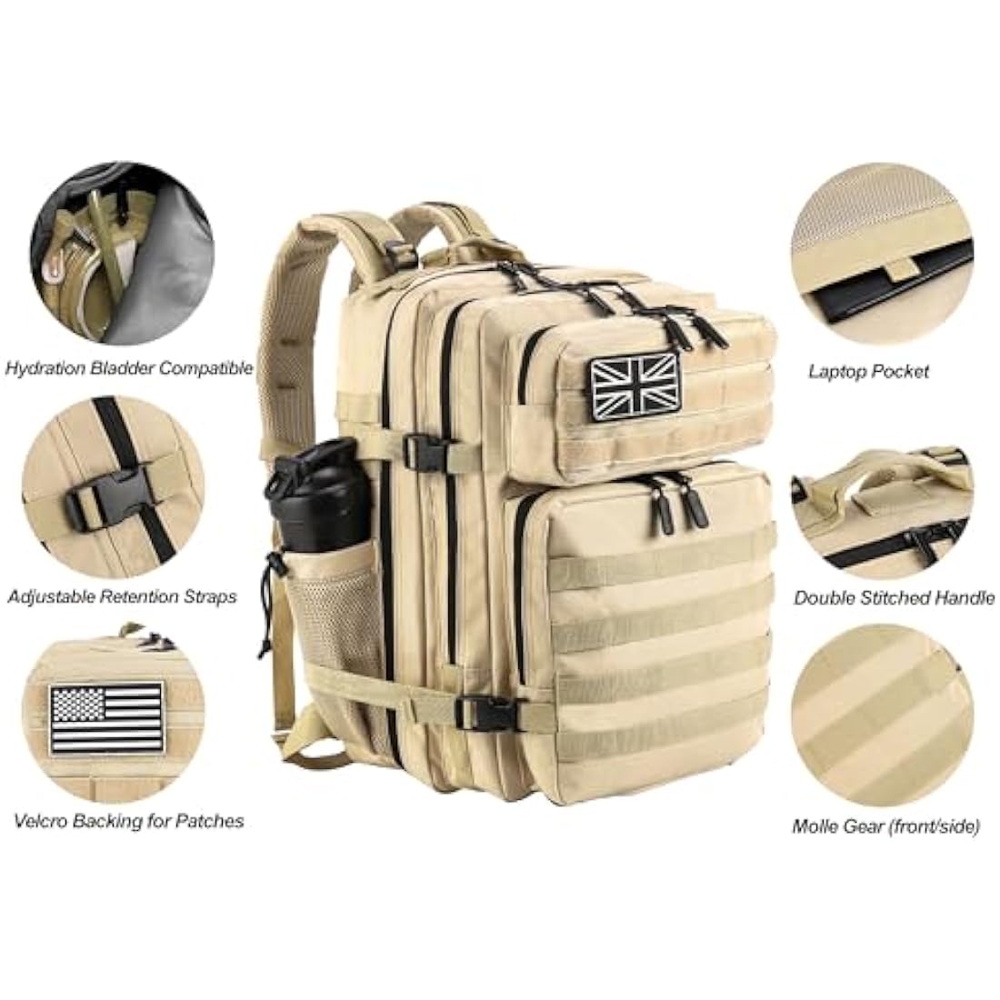 LHI Military Tactical Backpack for Men and Women 45L Large waterproof Rucksack for School, Hiking, Trekking, Hunting