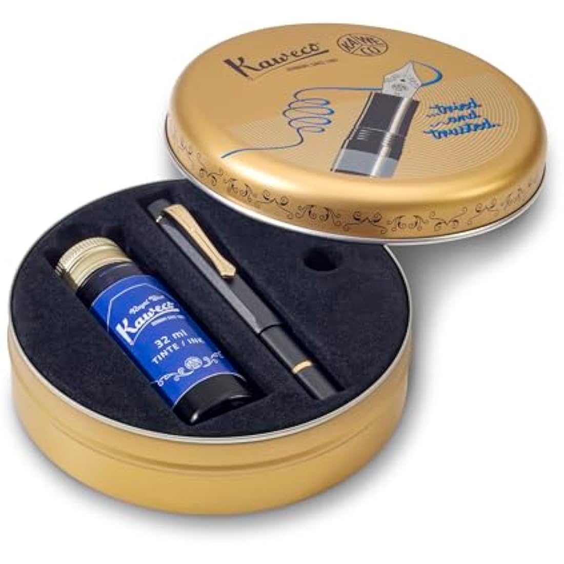Kaweco PISTON SPORT AL Black/Gold Starter Set I Classic Fountain Pen with Steel Nib in Nostalgic Box including Ink Bottle in Royal Blue 13 cm I Nib: M (Medium)