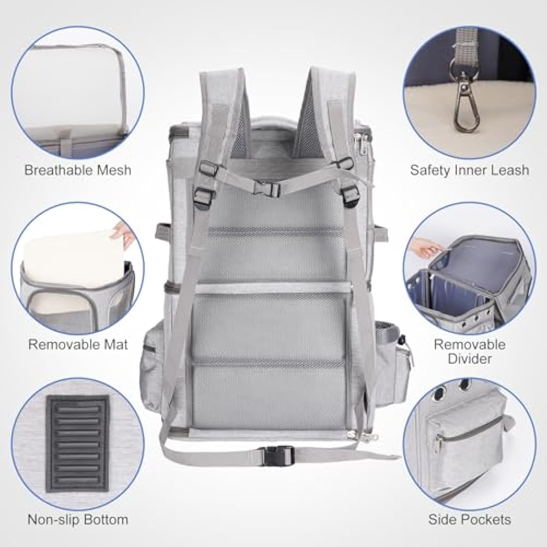 FASNATI Double-Compartment Pet Carrier Backpack, Cat Carrier Backpack for 2 Cats, Small Dogs, Perfect for Traveling/Hiking/Camping, Grey, XL