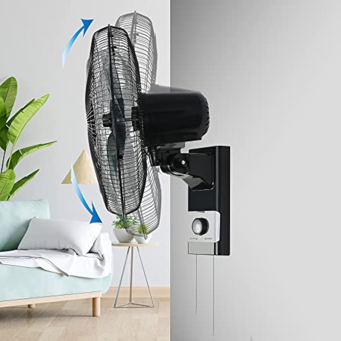 Belaco Wall Fan 16 Inch Wall Mounted 3 Speed Mode Oscillation Fan Tilt Head Easy Install High Airflow 55w Cooler for Summer, Black/Silver