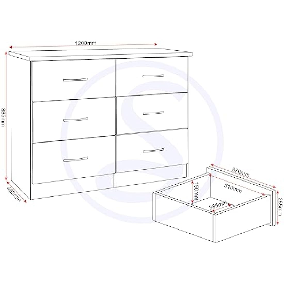 Seconique Nevada 6 Drawer Chest in Grey Gloss/Light Oak Effect Veneer