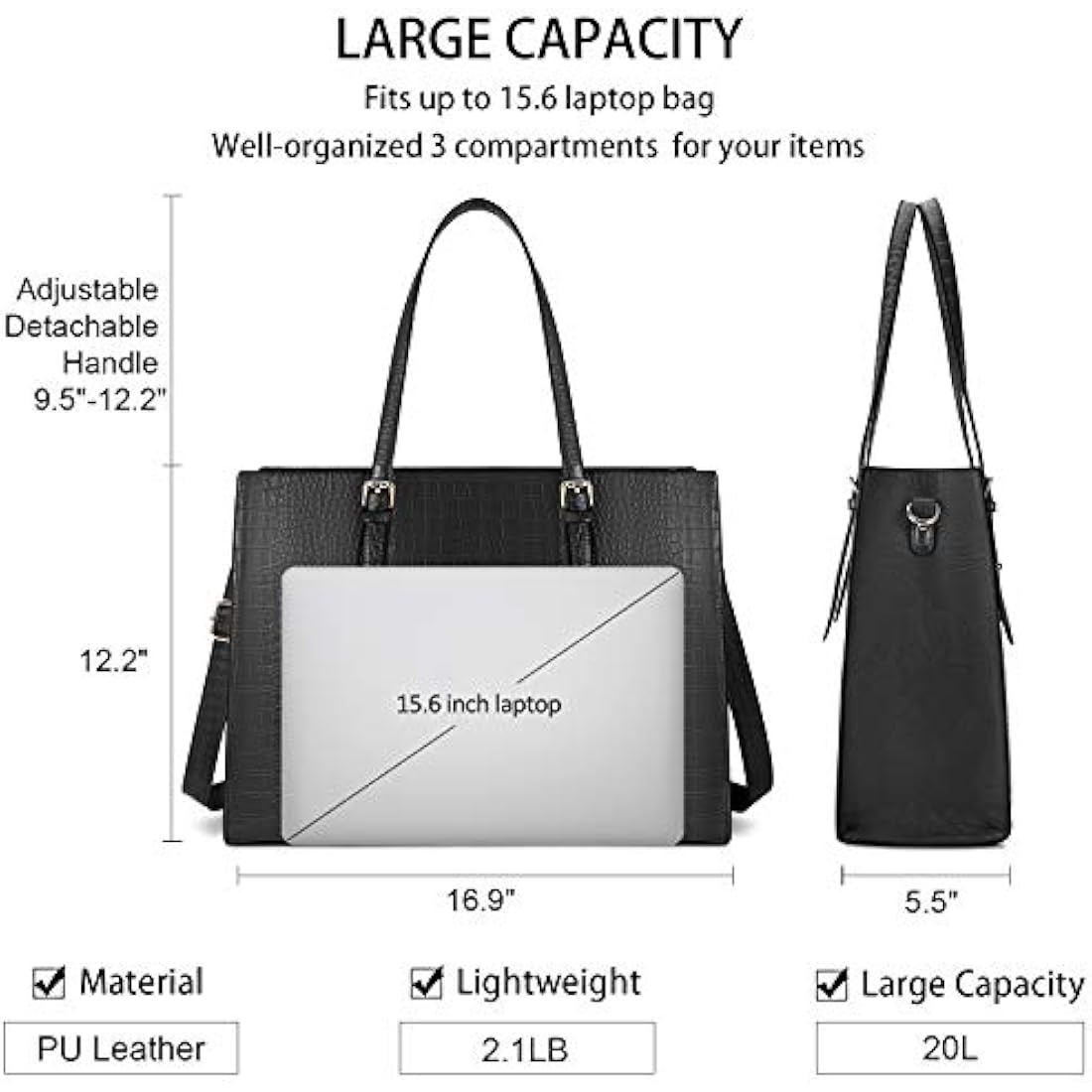 Lubardy Laptop Bags for Women Tote Bag 15.6 Inch Leather Large Ladies Handbag Work Bag Designer Business Shoulder Shopping Office Bag Black