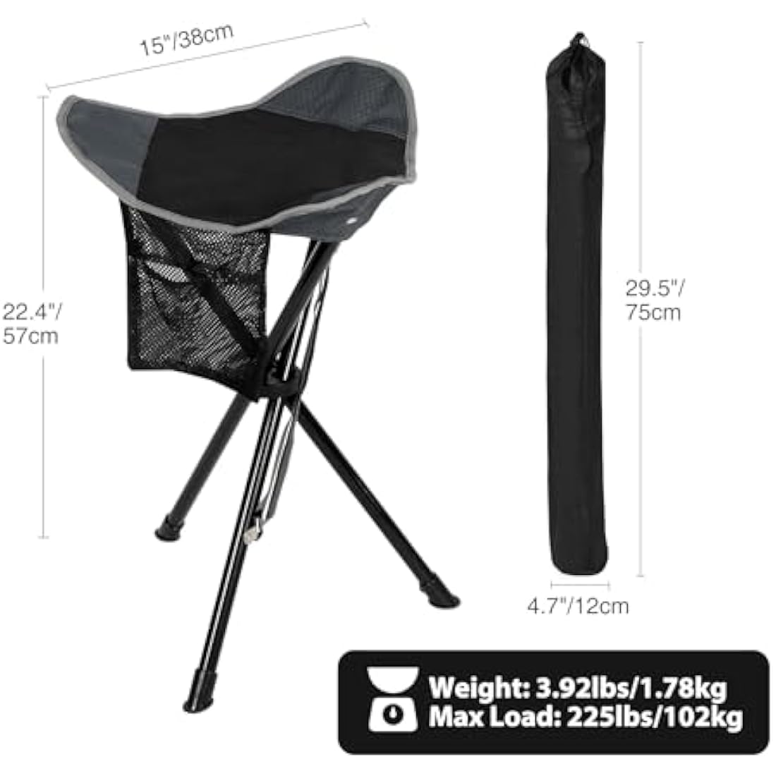 REDCAMP 22.4-inch Tall Tripod Stool Folding, 2 Pack Lightweight Tripod Chairs Portable for Backpacking Hiking Hunting Fishing, Black
