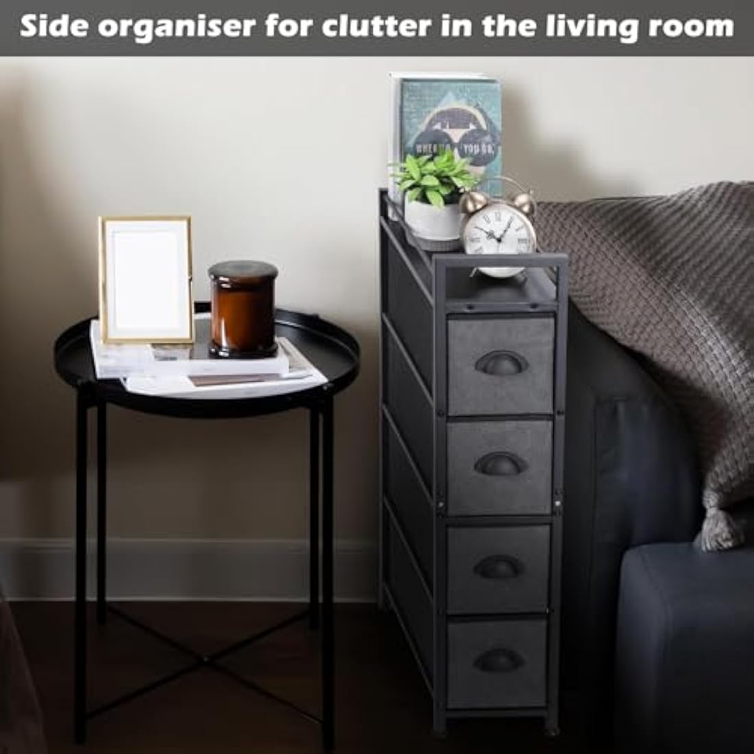 LIANTRAL Vertical Slim Chest of Drawers with 4 Fabric Drawers, Fabric Chest of Drawers Storage Tower Large Capacity Dresser for Bedroom Living Room Bathroom Entrance Narrow Space, Black and Dark Grey