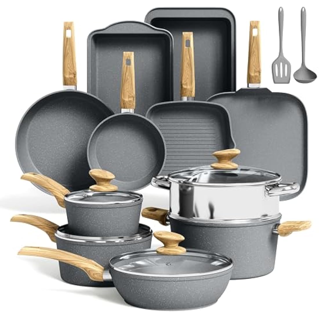 Kitchen Academy 17 Pcs Induction Hob Pots and Pans Set Non Stick, Nonstick Induction Kitchen Cookware Sets, Gray Granite Cooking Saucepan and Frying Pans Set