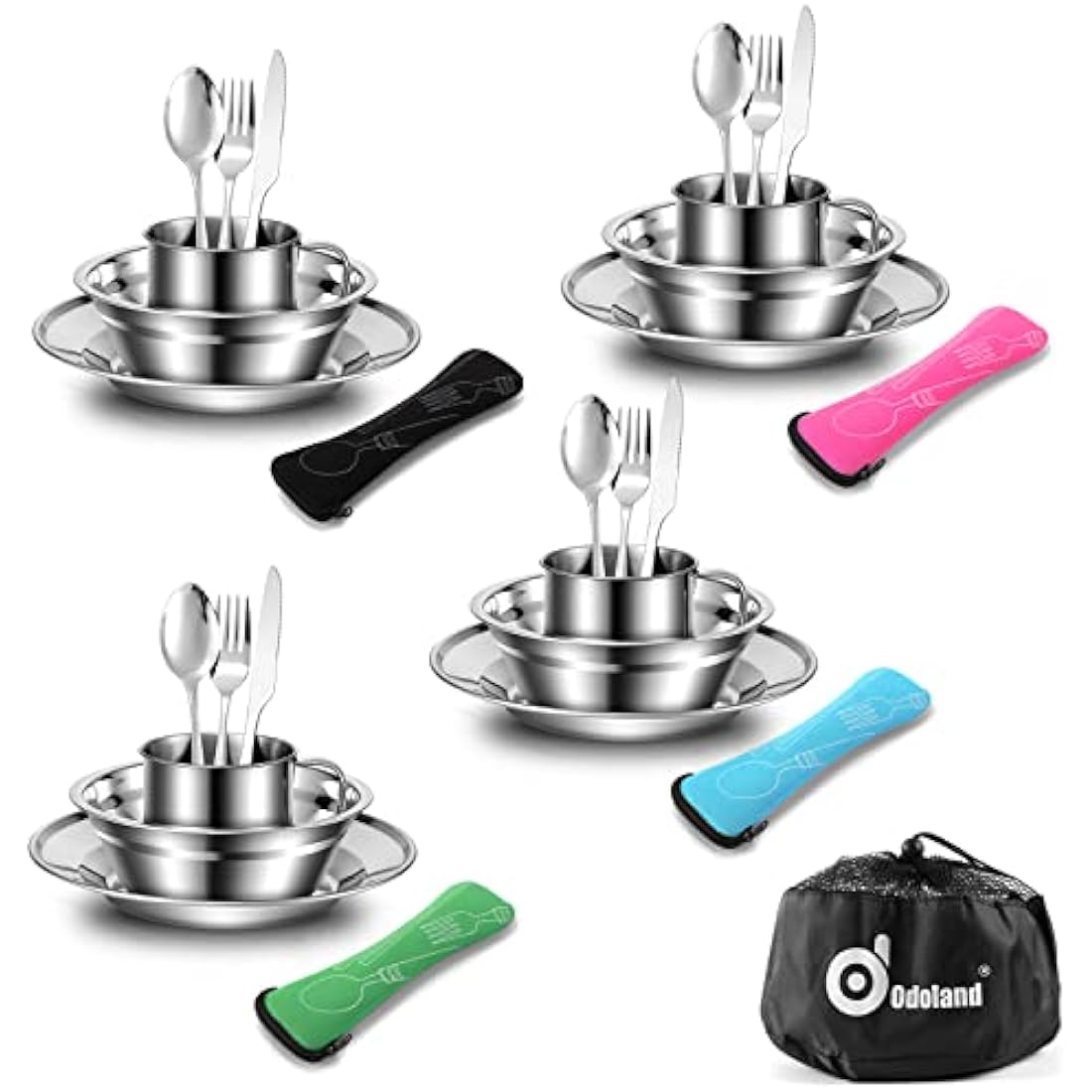 Odoland Camping Cutlery Set - Stainless Steel Tableware Mess Kit Includes Plate Cup Fork Spoon, 8 in 1 Flatware Kit with Mesh Bag - Dinnerware Utensils Set for Outdoor Camping Hiking and Picnic