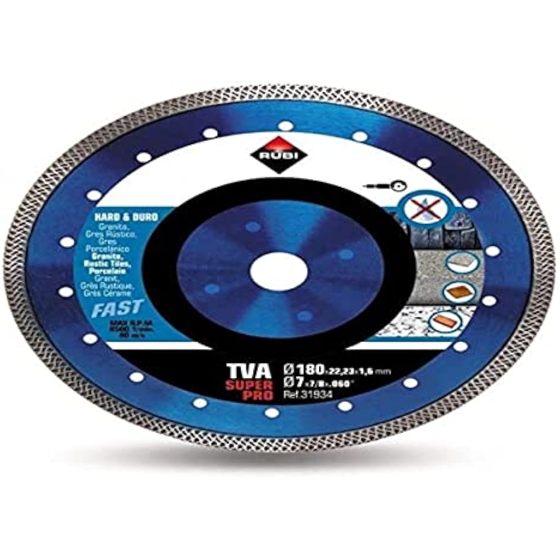 RUBI | Hard Materials Turbo Viper Diamond Blade | Dry Cutting of Granite, Rustic Tiles, Klinker, Refractories, Slate and Porcelain Tiles | Inside D.: 22,2 mm | Outside D.: 180 mm | TVA-180 SUPERPRO