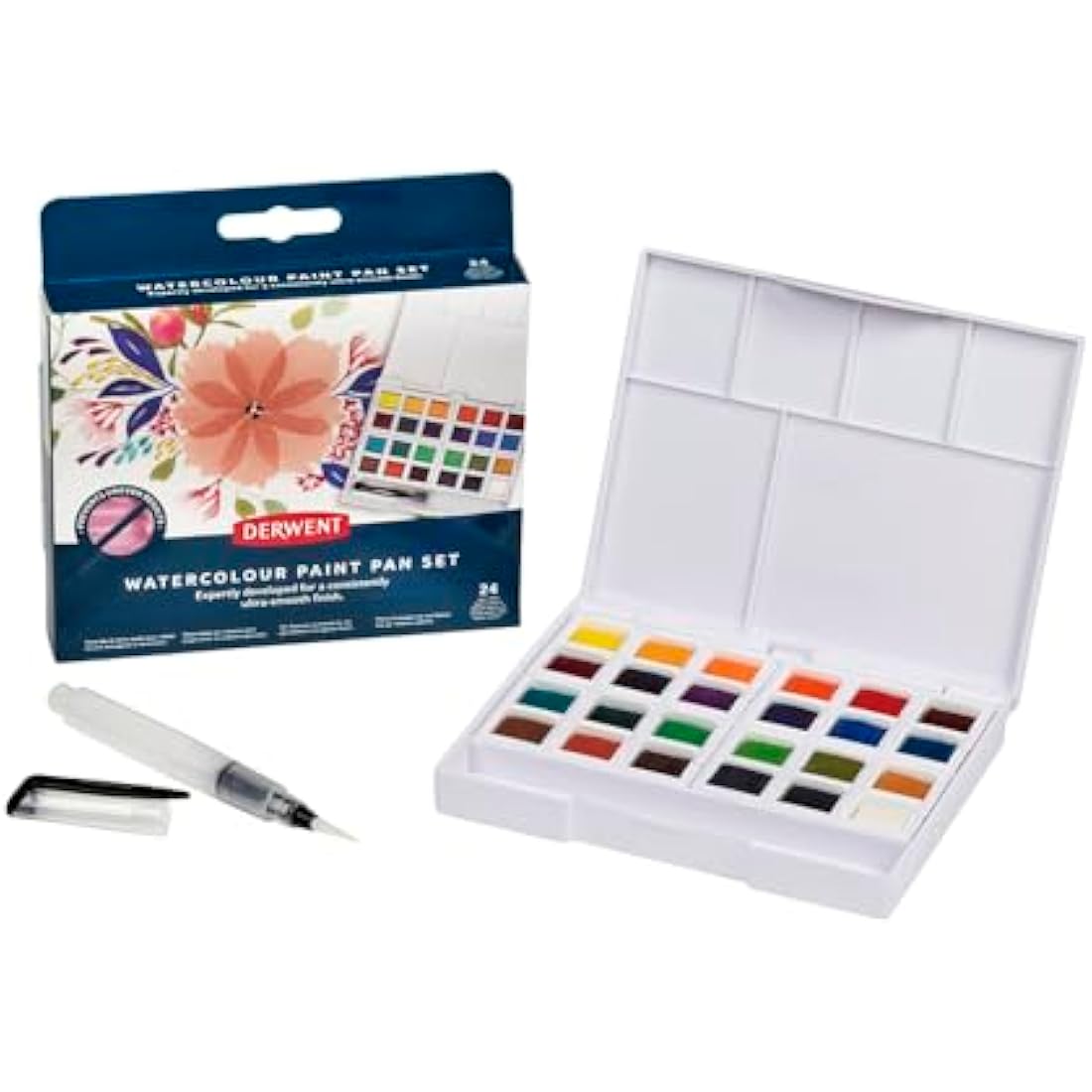 Derwent Watercolour Paint Pan 24 Set, Set of 24, Half Pan Size, Water-Soluble, Ideal for Painting, Professional Quality, Travel Size, 2306324