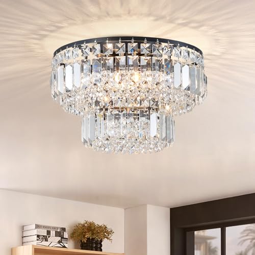 BESTIER Modern Black Crystal Flush Mount Chandelier Lighting LED Ceiling Light Fixture Lamp for Dining Room Bathroom Bedroom Livingroom 4 G9 Bulbs