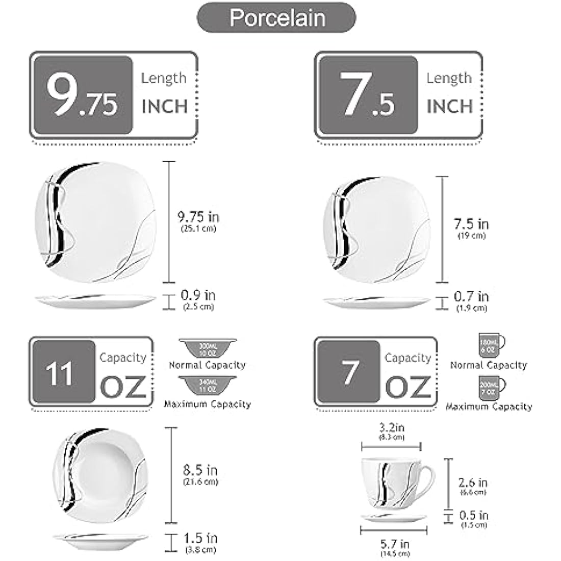 VEWEET 'Fiona' 30-Piece Dinner Set Ivory White Black Lines Porcelain China Ceramic Combination Sets with Dessert Plates/Soup Plates/Dinner Plates/Cups/Saucers, Service for 6