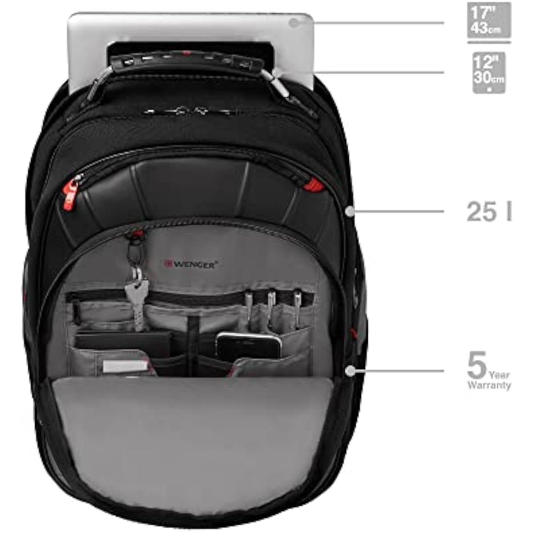 Wenger Pegasus laptop backpack with tablet pocket, notebook up to 17 inches, tablet up to 12 inches, organizer, 25 L, for men and women, office, business travel or uni, grey, 600639