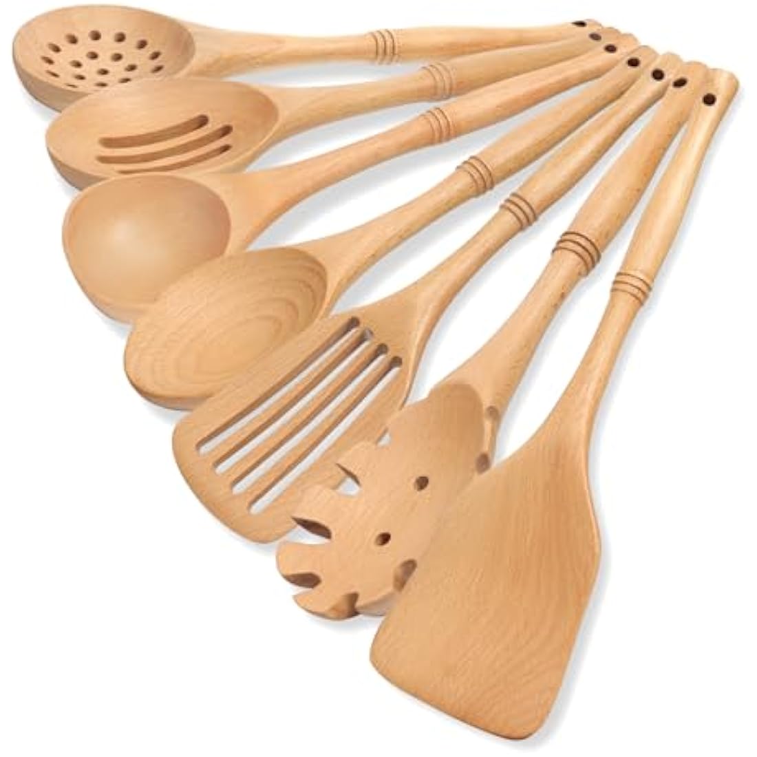 comfoyar Wooden Spoons for Cooking, 7 Pieces Kitchen Cooking Utensils Set with Spatula and Ladle, Heat Resistant Kitchen Cookware for Nonstick Pan-Beech