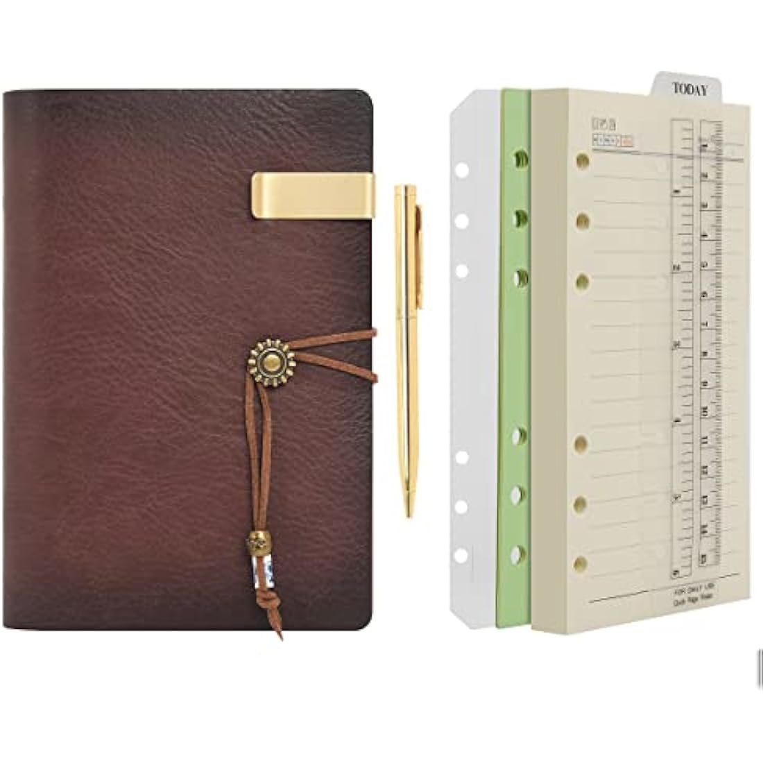 WONDERPOOL A6 Leather Diary Lined Paper Notebook & Pen - Refillable 6 Ring Binder Writing Spiral journal for Office Travel Work and Plan Agenda(a-Coffee, A6)