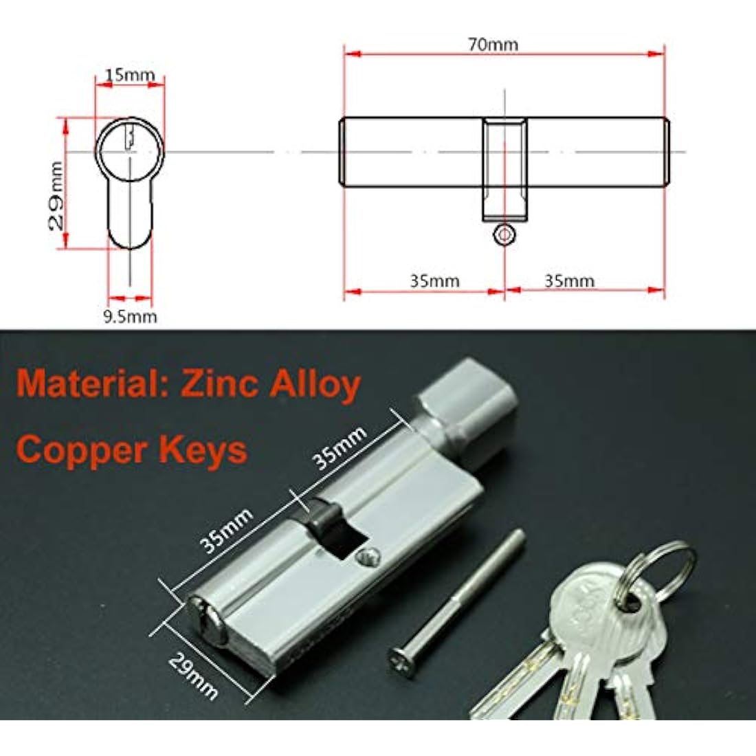 Qrity Door Handle Lever, Euro Lever Lock, Cylinder, 3 Copper Keys, Zinc Alloy