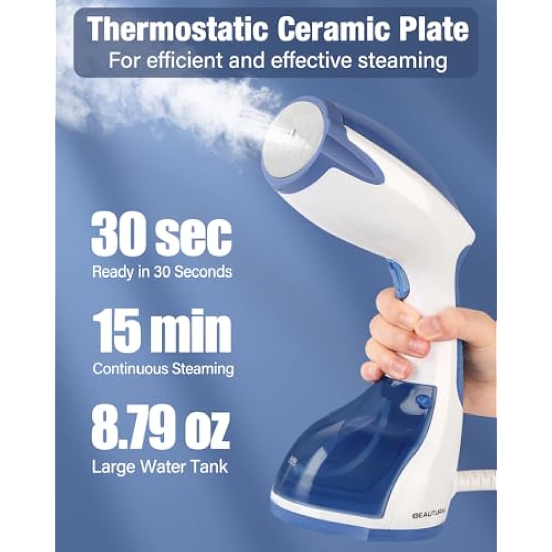BEAUTURAL Clothes Steamer, Portable Handheld Garment Fabric Wrinkles Remover, 30-Second Fast Heat-up, Auto-Off, Large Detachable Water Tank, Dark Blue