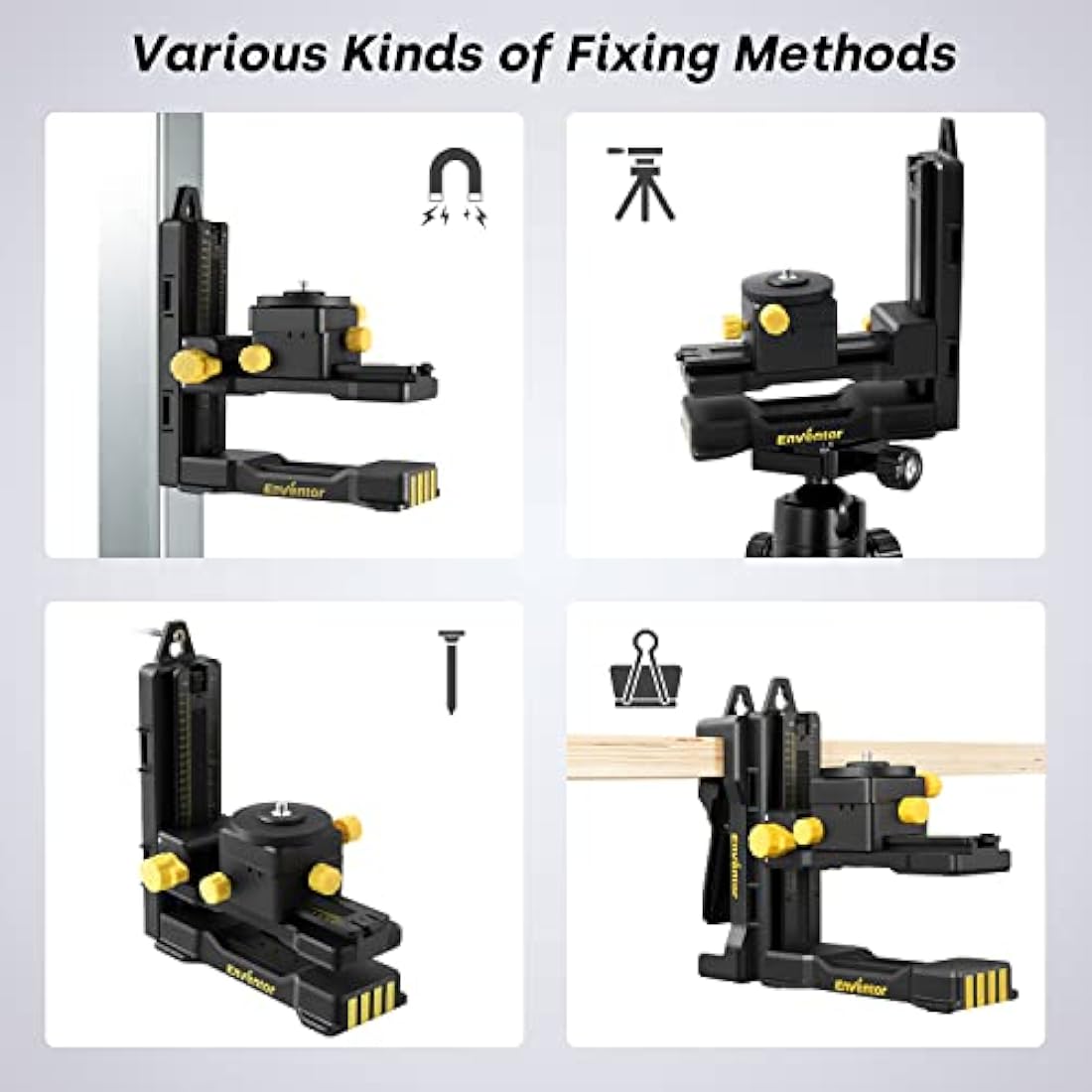 Enventor L-Shape Magnetic Bracket Base for Laser Level, 1/4''-20 Threaded Laser Level Tripod Stand with Adjustable Clamp, 360° Horizaontal Ratation, Left and Right, Front and Rear, Height Fine-Tuning