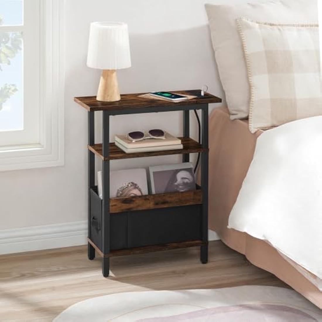 MAHANCRIS Narrow Side Table with Charging Station, 3 Tier Small End Table for Small Spaces, Slim Side Shelf with Storage, for Living Room, Bedroom, Rustic Brown AETHR125KE01