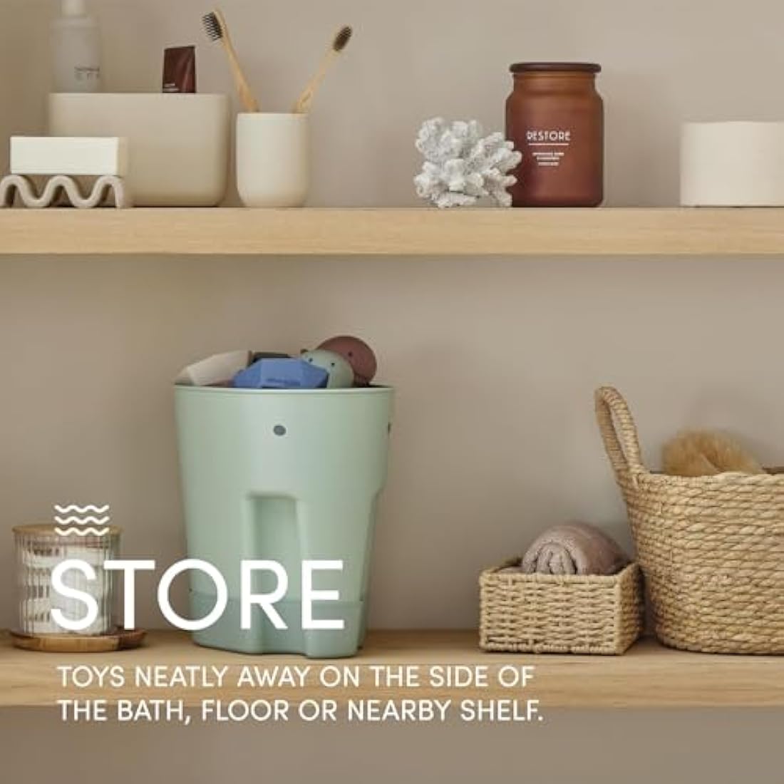 Shnuggle Ellie Bath Toy Storage Scoop | Baby & Toddler Bath Toy Drying Caddy with Drip Tray - Blush