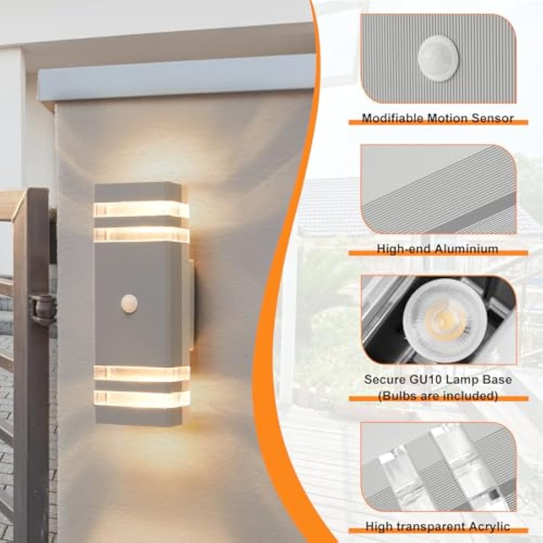 CELAVY Up Down Outside Lights with Motion Sensor, PIR Outdoor Wall Light Mains Powered, IP65 Front Door Porch Light Electric, Security GU10 LED External Exterior Lighting Wall Mounted Lamp, Light Grey