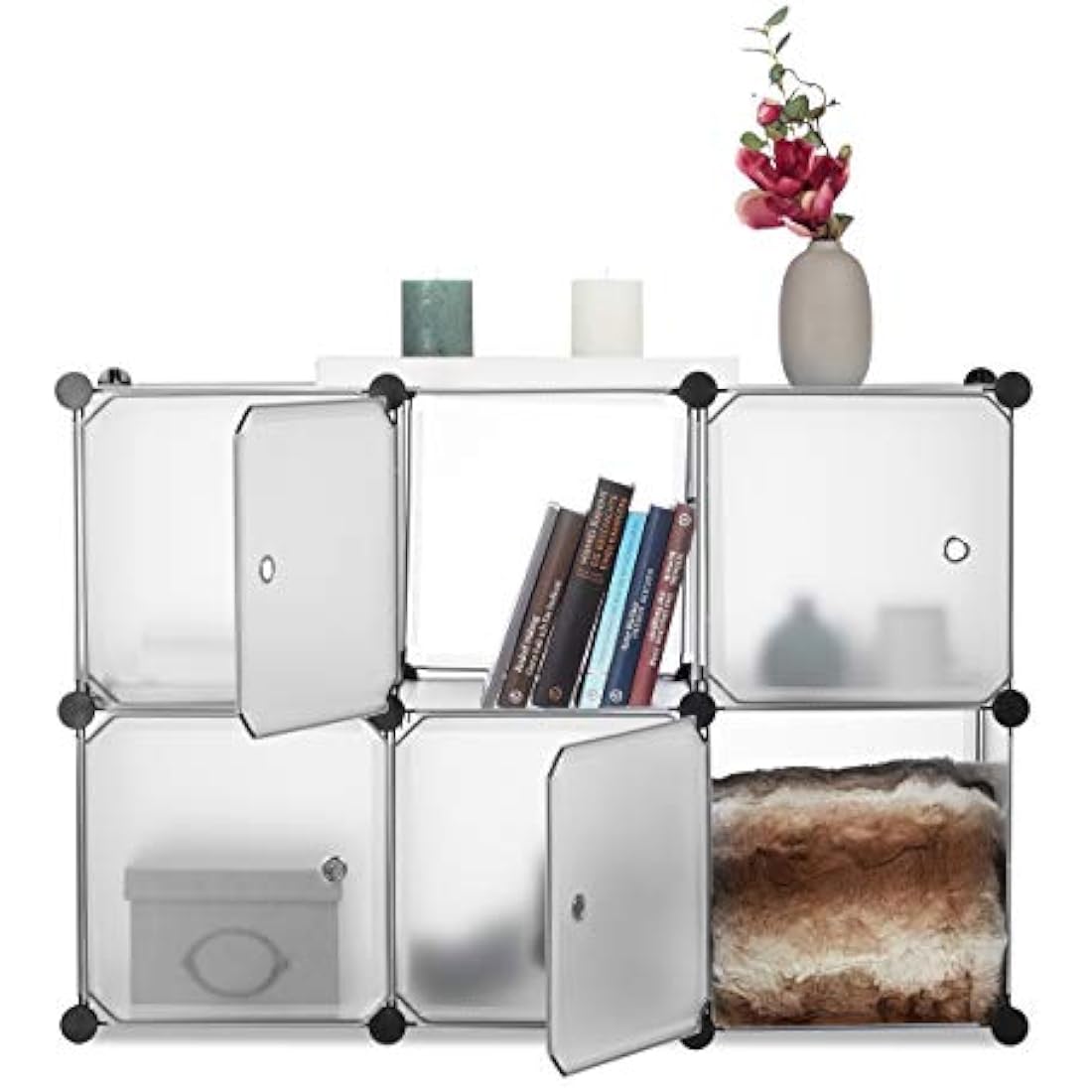 Relaxdays Shelving System with 6 Doors, DIY, Cubes, Handles, Partition, Plastic, HWD: 97.5x66x32 cm, Transparent
