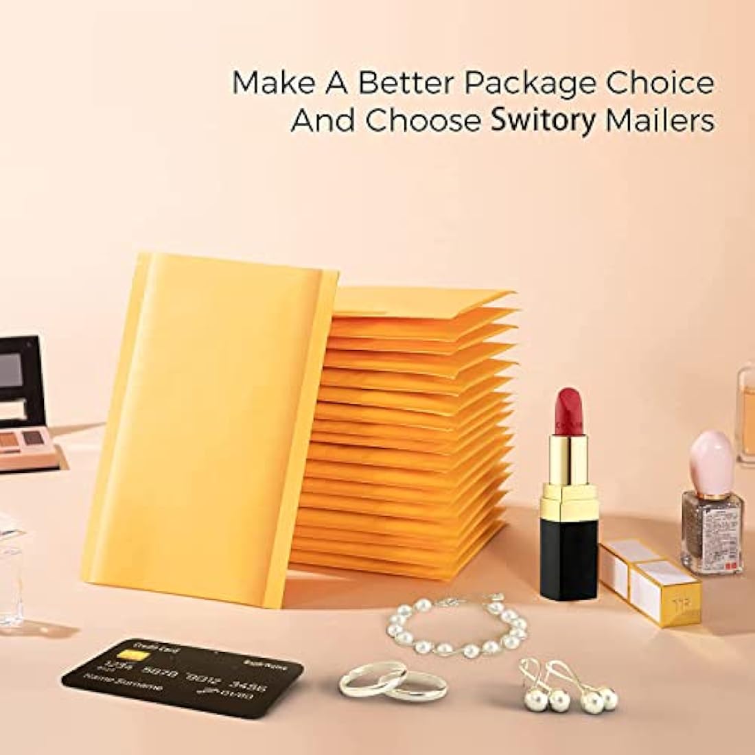 Switory Padded Envelopes Small 50pc 4X7 in(10.2x17.8cm) Yellow Bubble Mailers Self-Seal for Kraft Packaging Bags Gold Small Bubble Envelopes