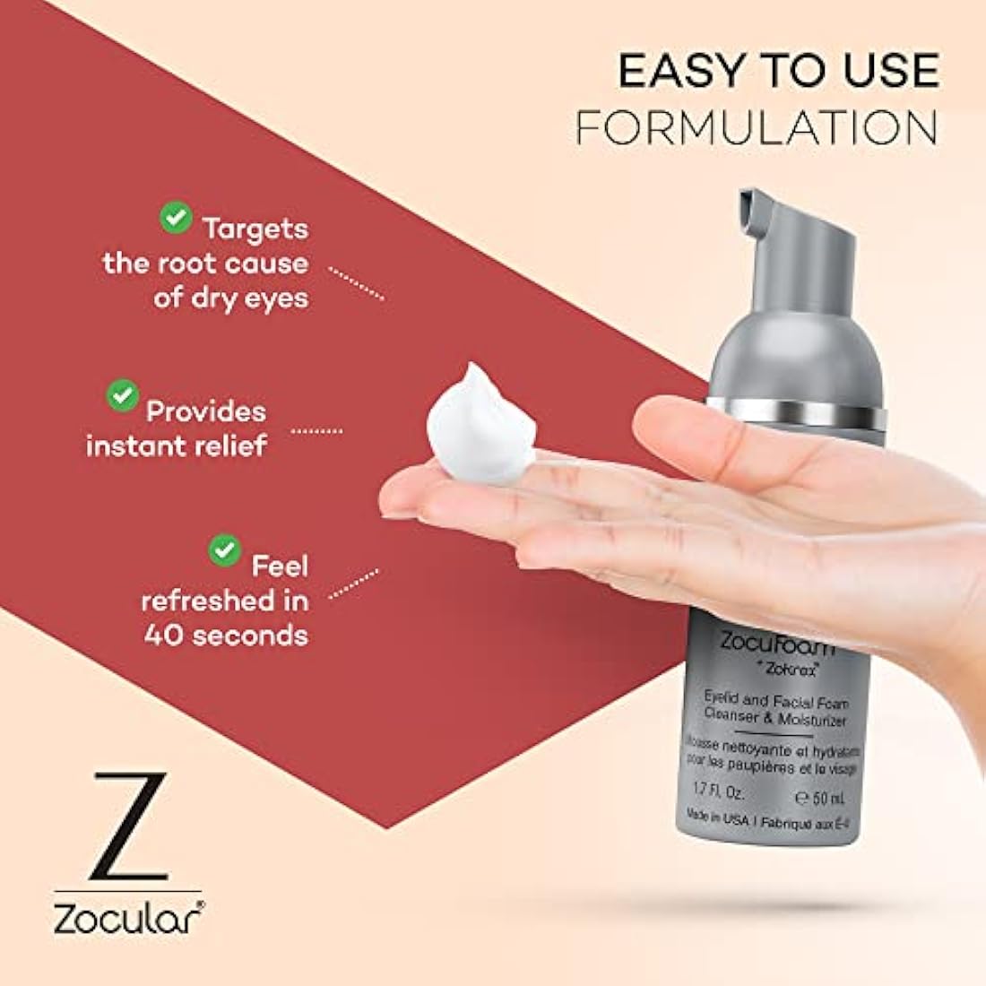 Zocular ZocuFoam Eyelid Cleanser 50ml - Foaming Eyelid Scrub for Blepharitis, Demodex and Inflammation - Stye Treatment for Eyes - Natural pH Balanced Treatment