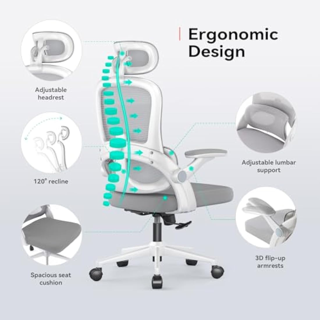 SIHOO M102C Ergonomic Mesh Office Chair, High Back desk chair with 3D Armrests, Up&Down Lumbar Support, Swivel Computer Task Chair, White Frame and Light Grey Mesh