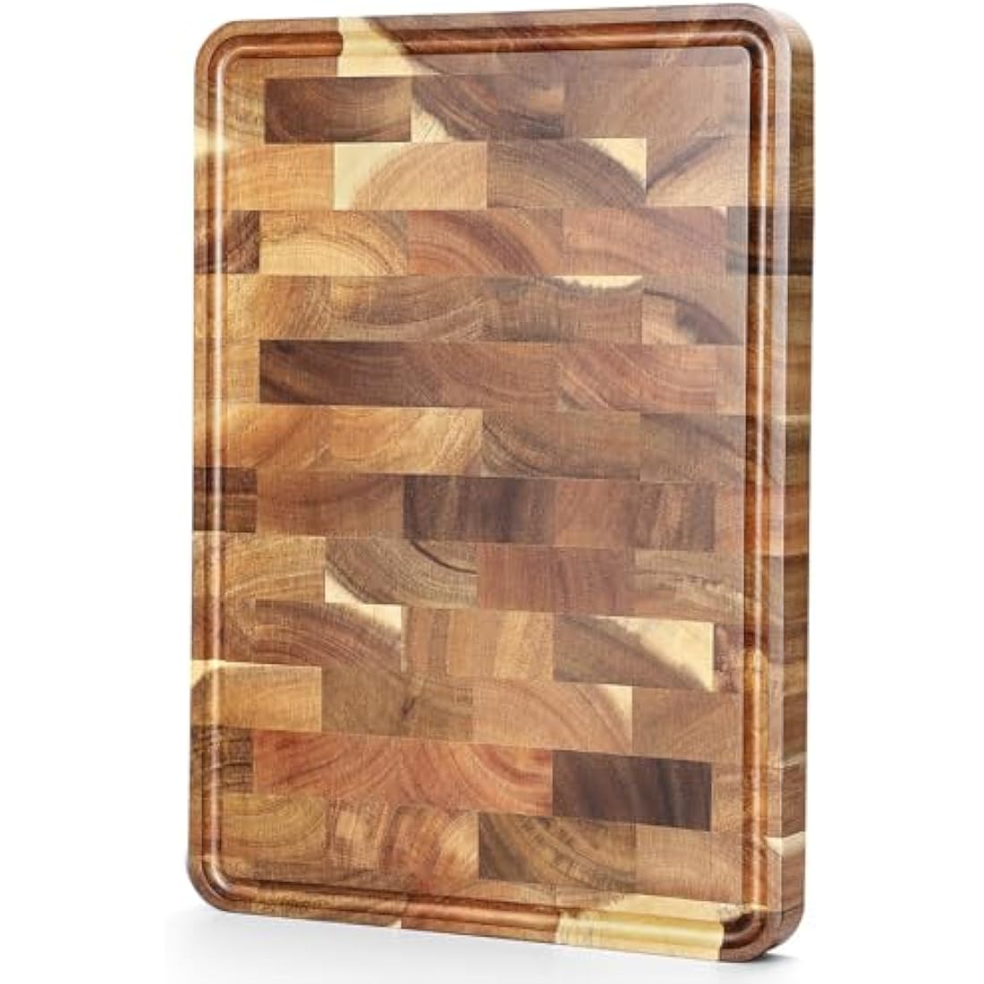 XINZUO Acacia Wood Cutting Board for Kitchen End Grain (13.8''L x 9.8''W x 1''T)-Wooden Chopping Board Meat Cutting Board with Non-Slip Feet, Side Handles and Juice Groove