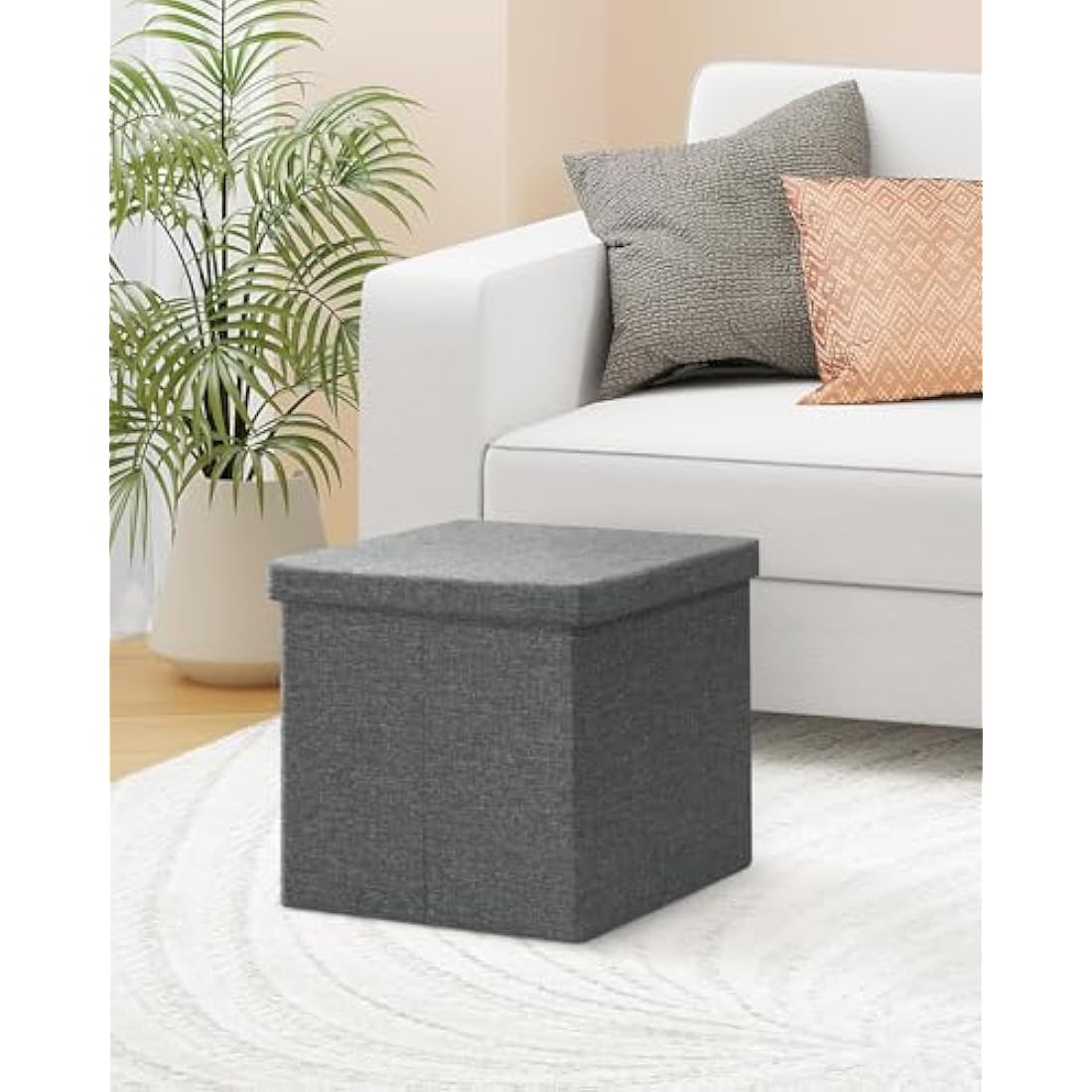 Bonlife Grey Ottoman Coffee Table,Toy Storage Box with Lid,Foldable Stool Seat Footstool with Storage,for Living Room,Bedroom,40.5x38.5x38cm