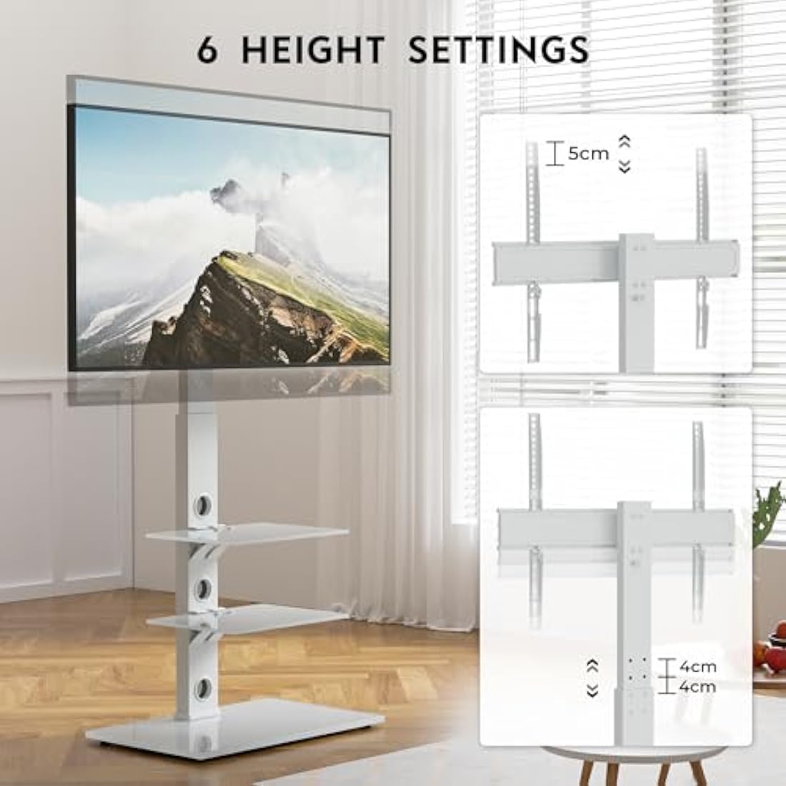 BONTEC Universal Floor TV Stand for 30-70 inch LED OLED LCD Plasma Flat Curved Screens, Height Adjustable Tall TV Stand with 3-Tier Tempered Glass Shelves up to 40KG, Max VESA 600x400mm (White)