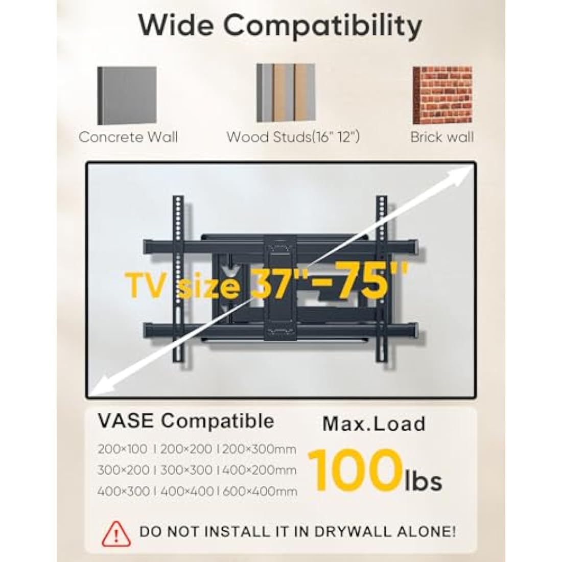 FORGING MOUNT Long Reach TV Wall Bracket Mount Swivel Tilt Corner TV Bracket with 765mm long Arm for Corner/flat Installation fits 37 to 75" Flat/curve TVs, VESA 600x400mm, Holds up to 45kg