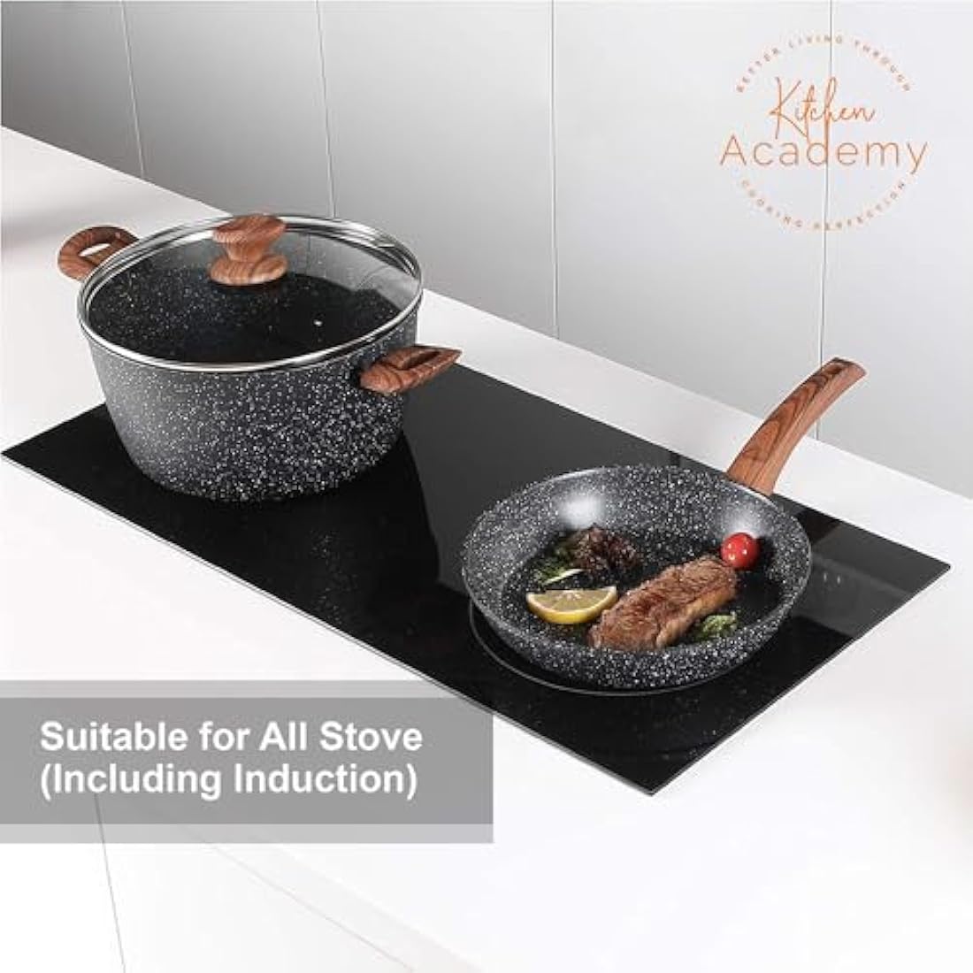 Kitchen Academy Induction Cookware Set-17 Piece Non-Stick Cooking Pan Set, Black Granite Pots and Pans Set