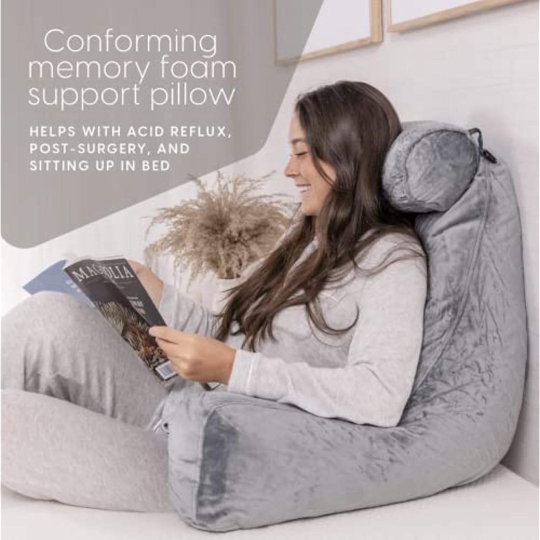Milliard Reading Pillow XL and Detachable Neck Roll with Shredded Memory Foam, Great as Backrest for Books or Gaming - 60cm x 40cm (Sit up Pillow)