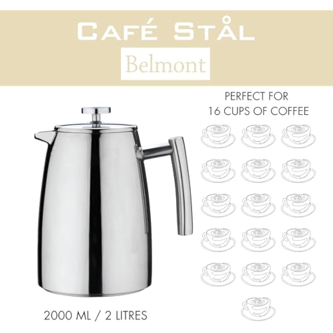 Café Stal HFD-16 Belmont 16 Cup Double Walled Cafetiere Coffee Maker, Mirror Finish, 2 Litre