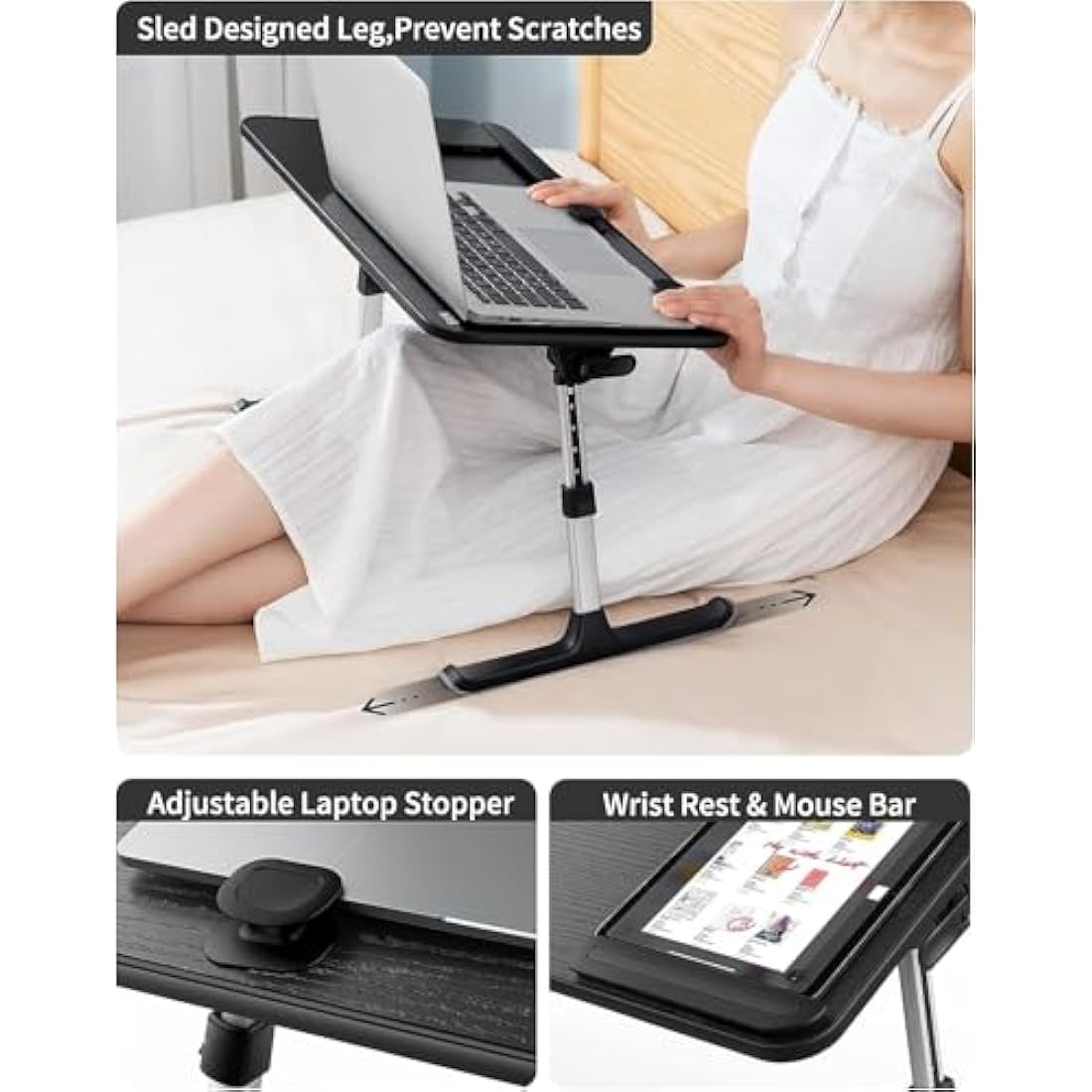 Desk, Table, SAIJI Folding Table, 5 Heights Adjustable Laptop Stand, Breakfast Bed Tray for Sofa, Bed, Terrace, Balcony (52 * 30cm Black)