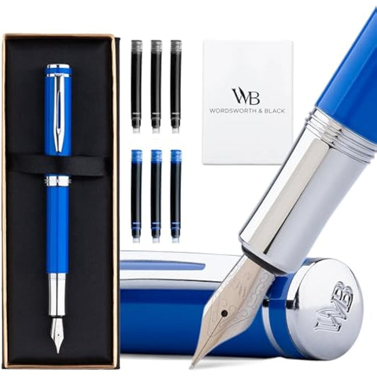 Wordsworth and Black Fountain Pen Mini EDC: Luxury Blue Heavy Pocket Pen, Chrome Finish, Medium Nib, 6 Ink Cartridges, Ink Converter, Travel Refillable Writing Pen Gift Set, Men & Women
