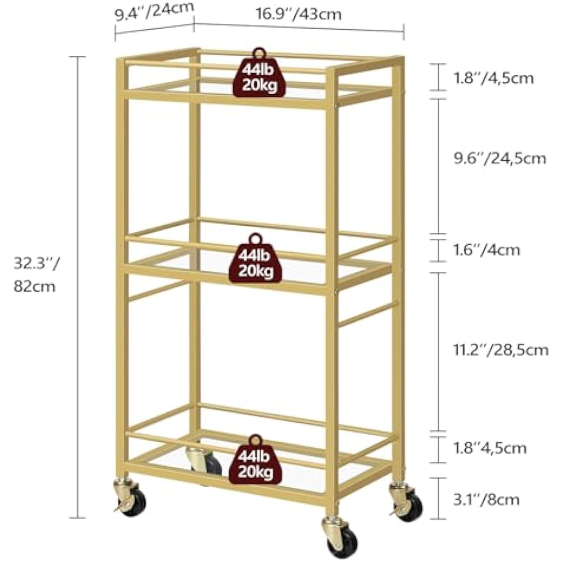 MAHANCRIS 3 Tier Bar Cart for Home, Kitchen Storage Island Serving Cart on Wheels, Tempered Glass Trolley, Rolling Beverage Cart for Bar, Dining Room, Gold ARCJ40B01