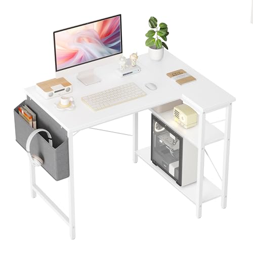 BEXEVUE L Shaped Corner Desk - 100x70 cm Study Office Gaming Desk, Computer Desk Small Writing Table, Large Reversible Storage Shelves, Bookshelf
