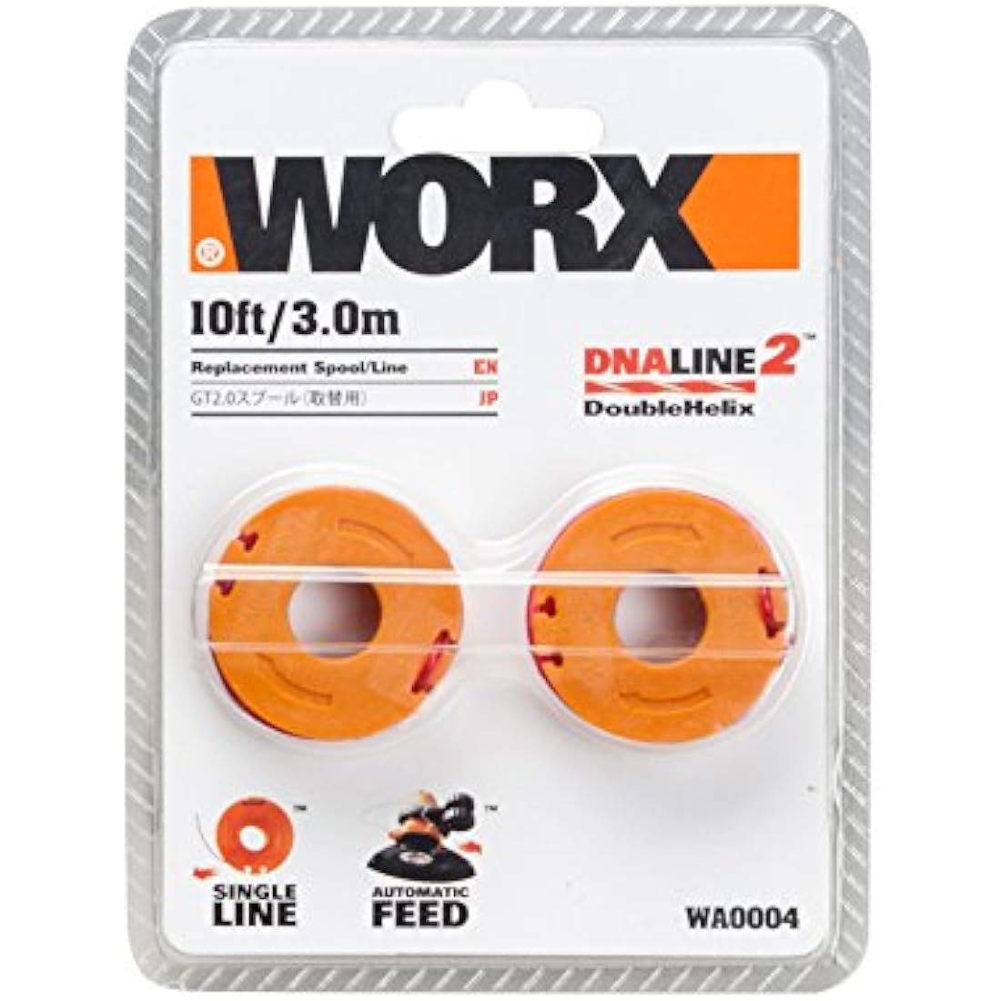 Worx WA0004 Replacement Spool Line Twin Pack for WORX Grass Trimmer WG169E, WG163E, WG154E, WG157E – Pre-Wound DNA2 Double Helix Cutting Line – 2 x Spools for 20V Cordless Strimmer