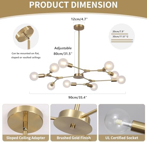 Modo Lighting Modern Sputnik Chandelier Light 9 Lights Gold Ceiling Mid Century Pendant Light for Kitchen Living Room (Gold)